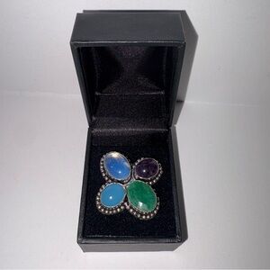 925 Sterling Silver Amethyst Jade Blue Moonstone Artisan Cluster Ring Set Size 7